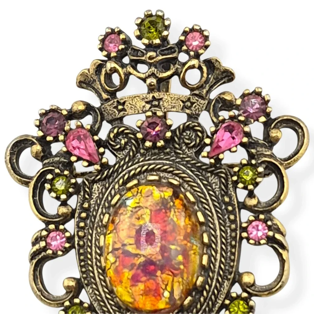 Sarah Coventry Contessa Brooch Pendant Faux Fire Opal Rhinestone 1974 Vintage